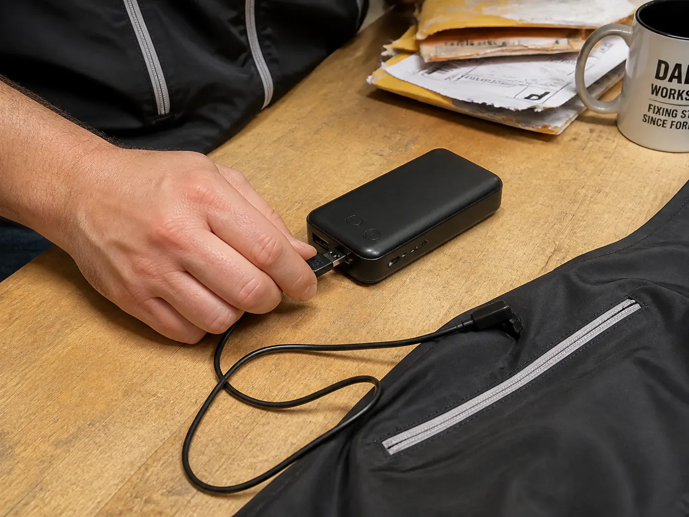 The Ventra vest connected to a USB power bank in a pocket