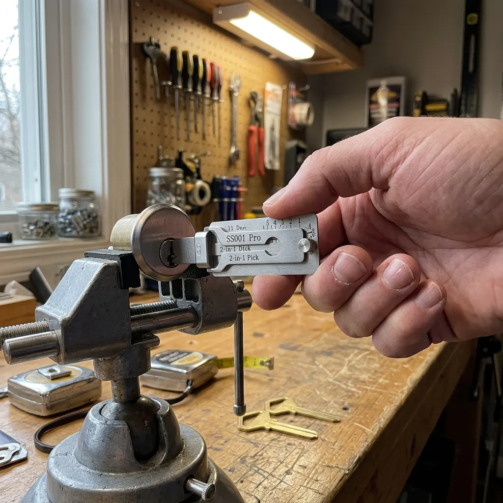 2-in-1 lock pick and decoder tool seated in a keyway with etched decode grid