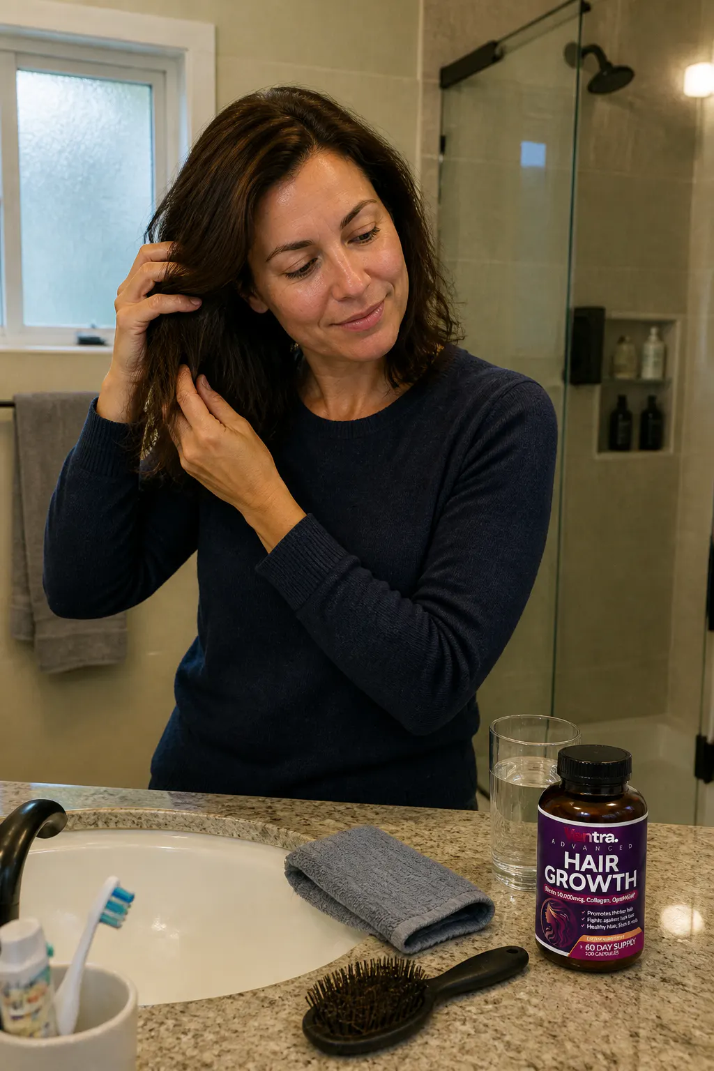 Woman with healthy full hair holding Ventra hair growth vitamins
