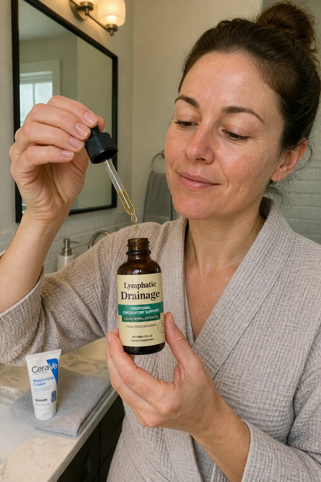 Ventra amber dropper bottle with a drop of herbal lymphatic extract