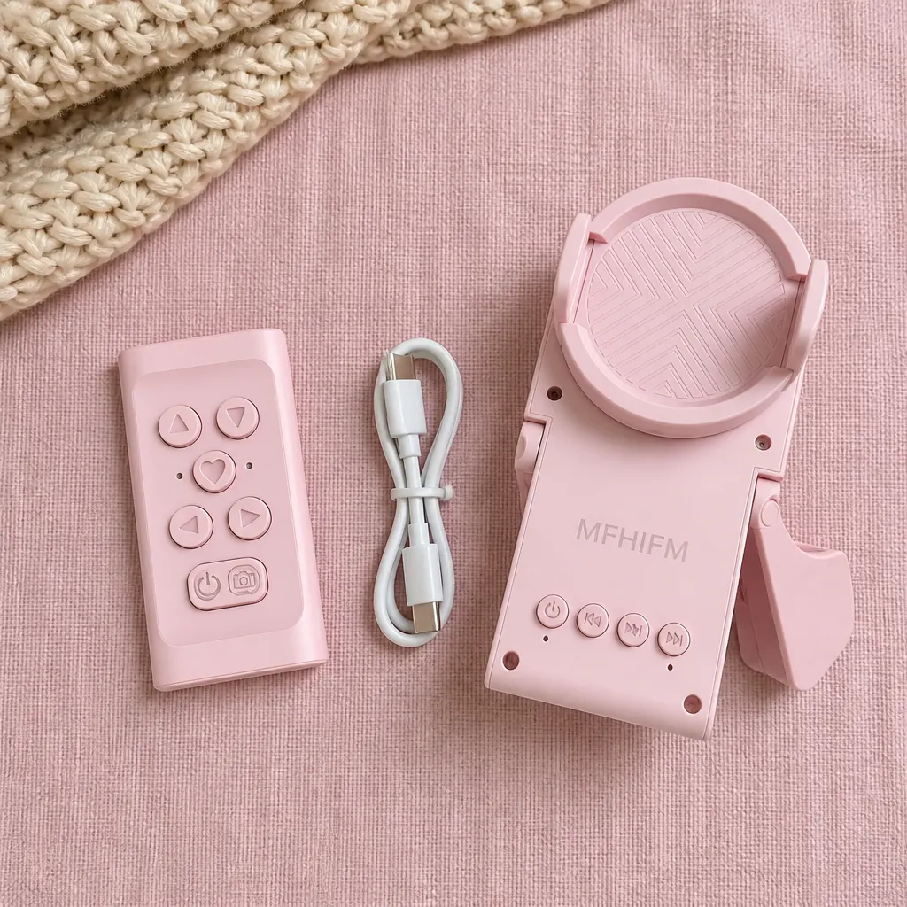 Flat-lay of the ScrollMate kit: foldable stand with speaker base, pink remote, charging cable, quick-start guide