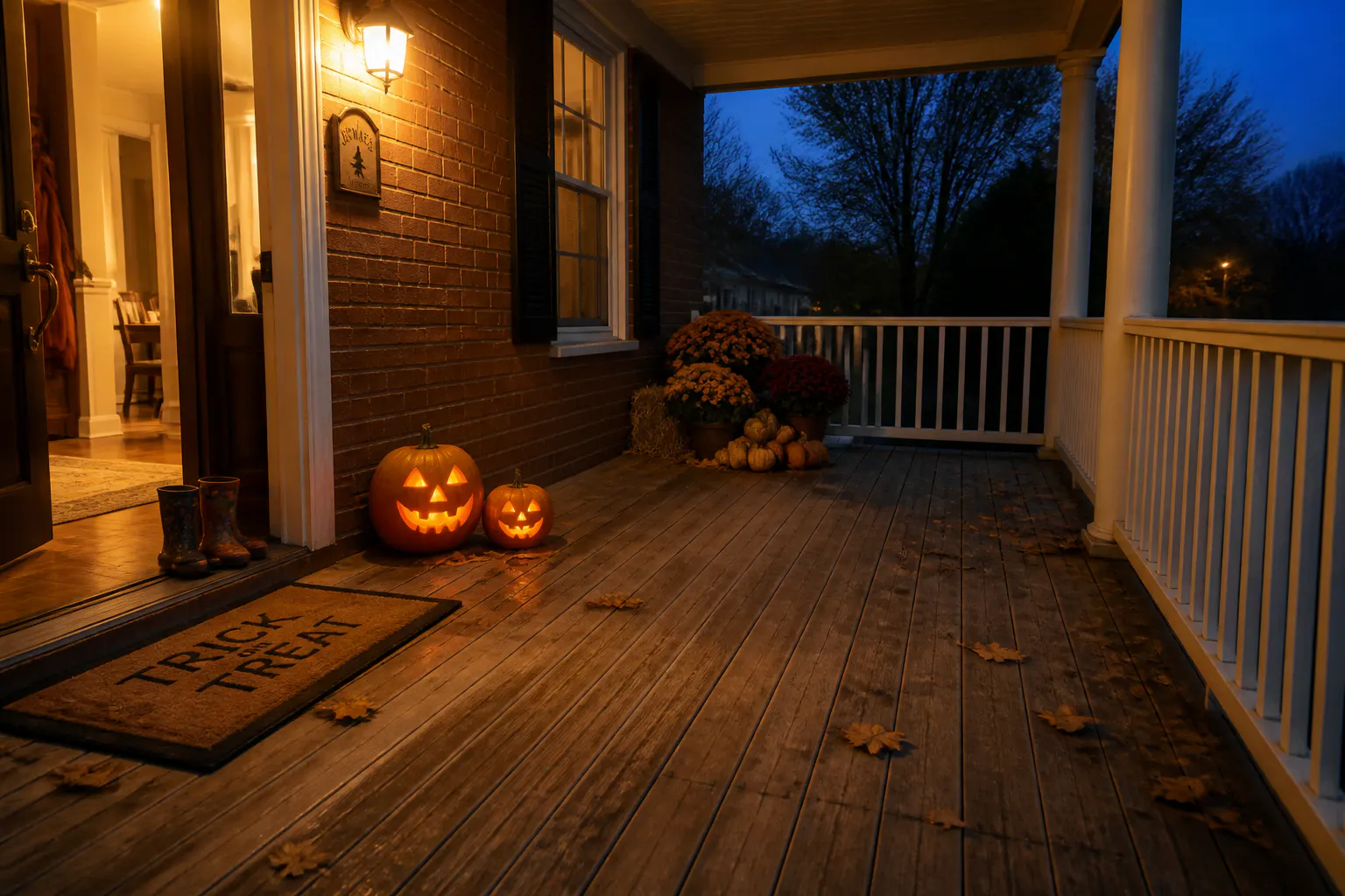 Floating witch broom hovering on a lit porch