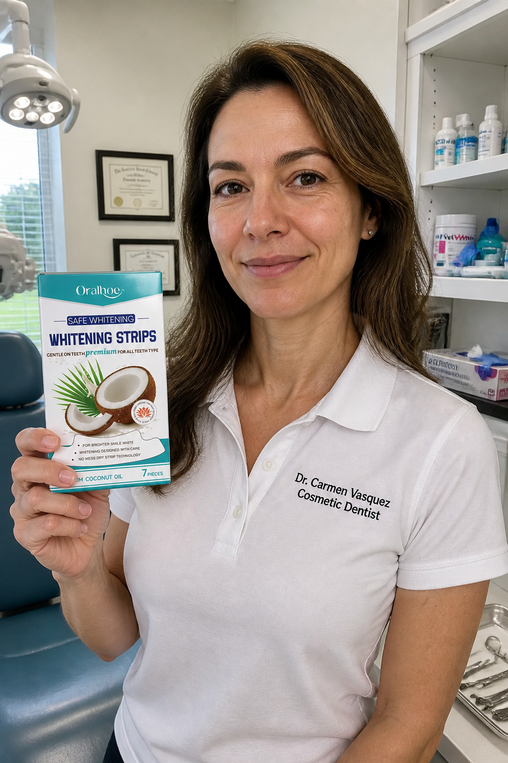 Board-certified dentist presenting the whitening strips