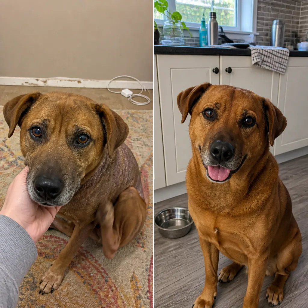 Dog coat before and after WildCoat salmon oil
