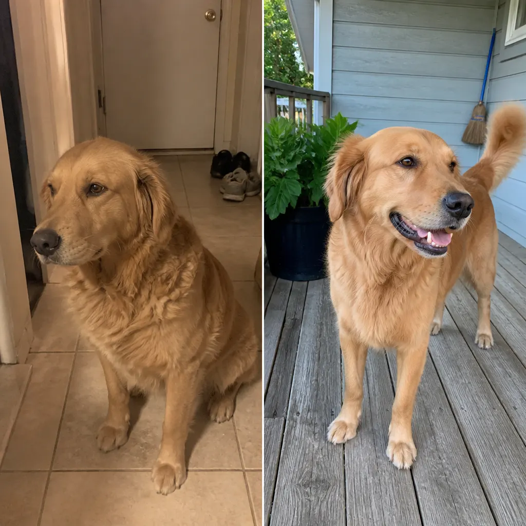 Dog coat before and after WildCoat salmon oil