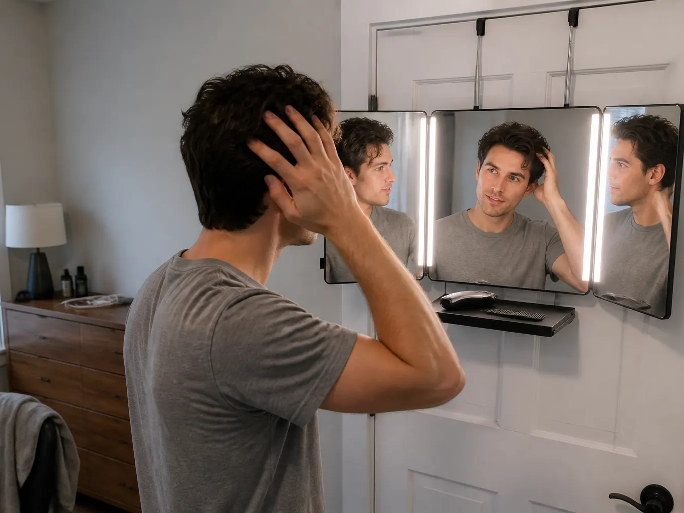 Trifold mirror lit in a dark bathroom