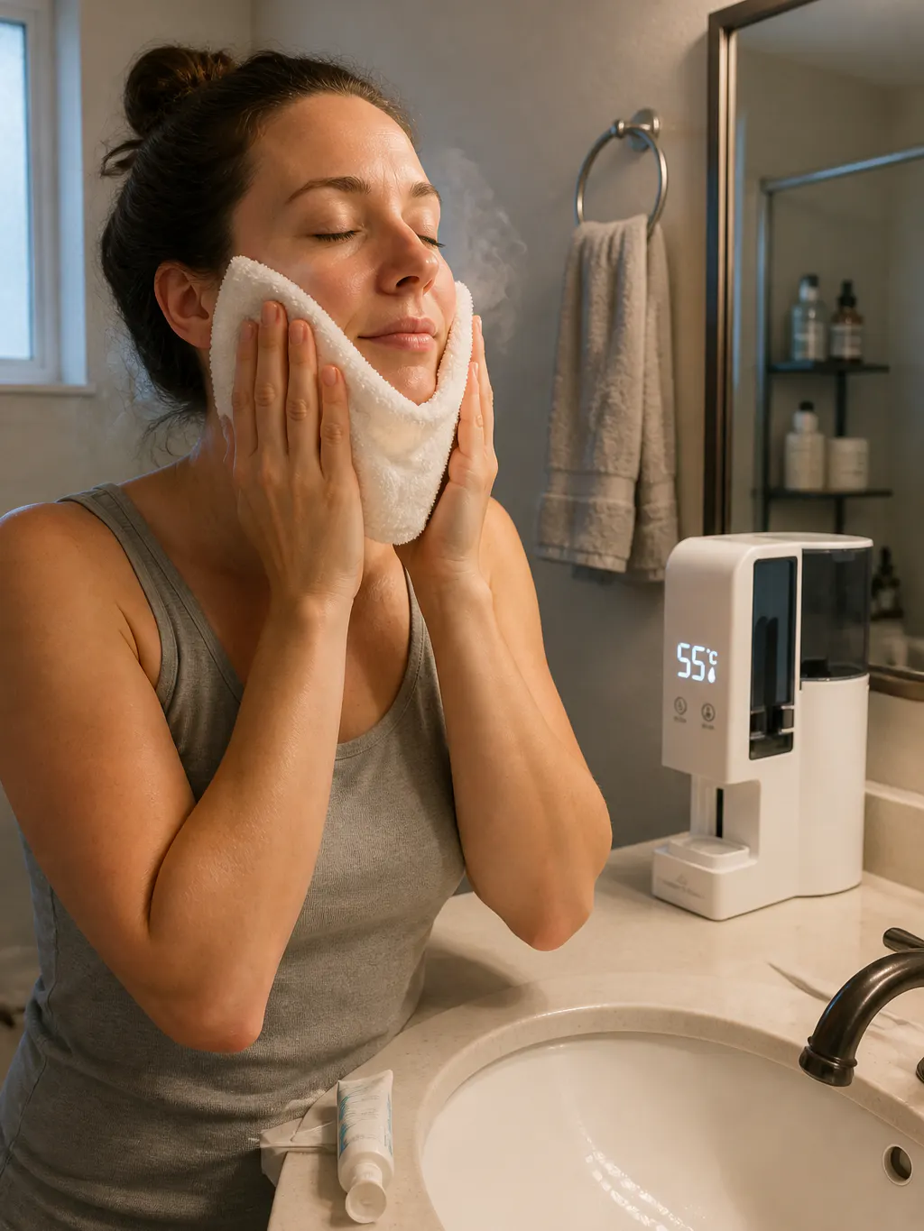 A warm towel laid flat across closed eyes