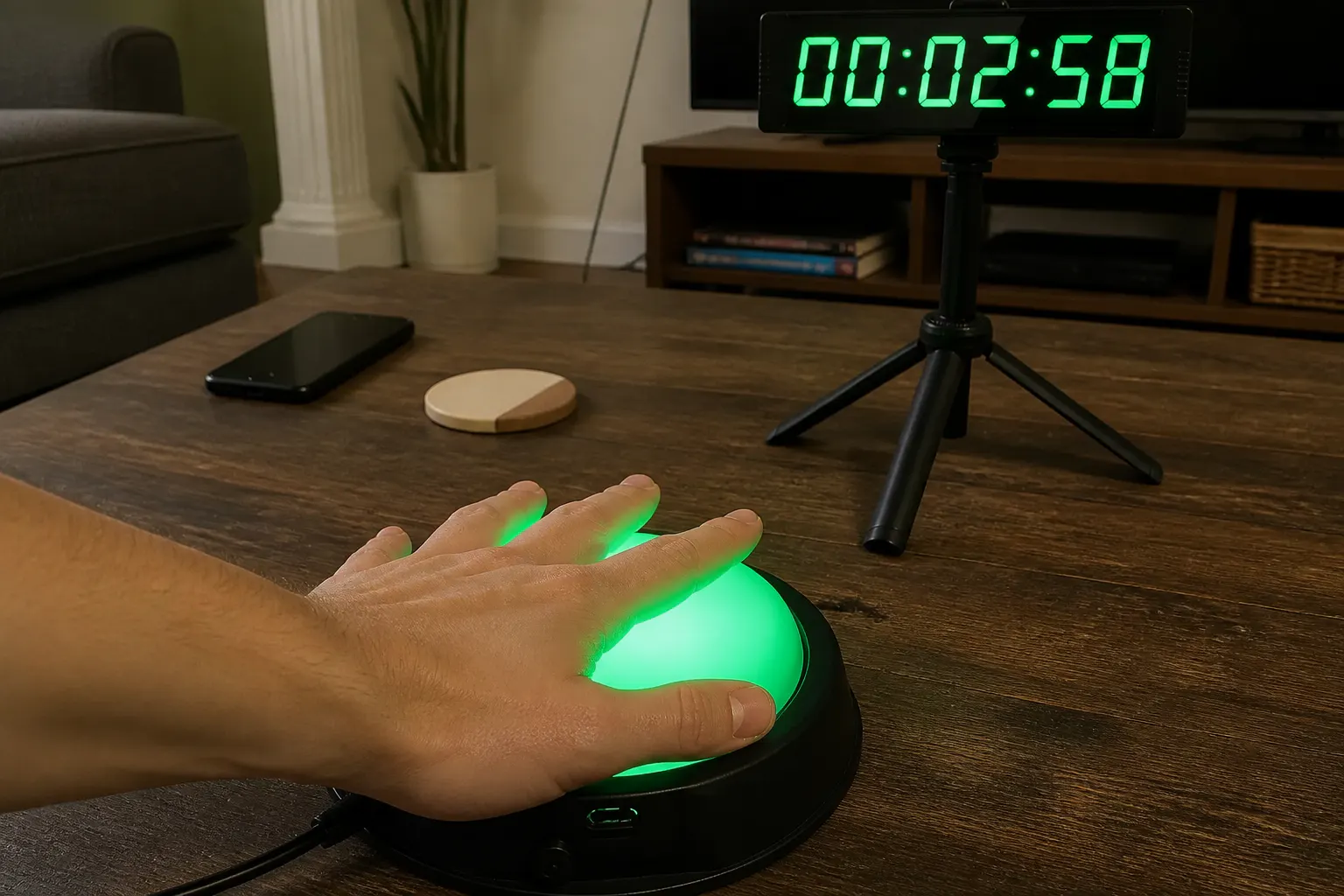 A grandparent slamming the light-up arcade button