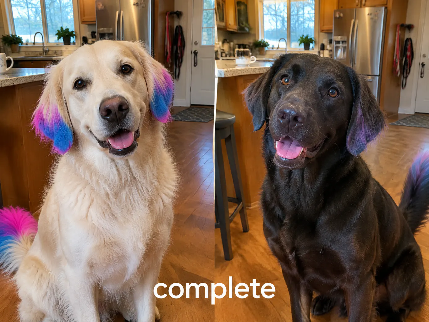 A light-coated dog with vivid color and a dark-coated dog with a subtle tint