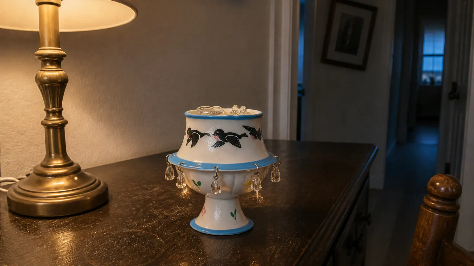 The ceramic pedestal cup on the same wooden console at dusk, crystals catching lamplight