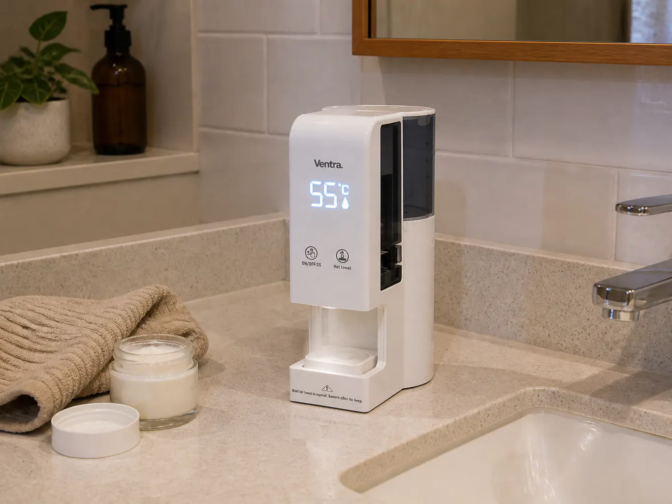 A compressed towel tablet dropped into the machine