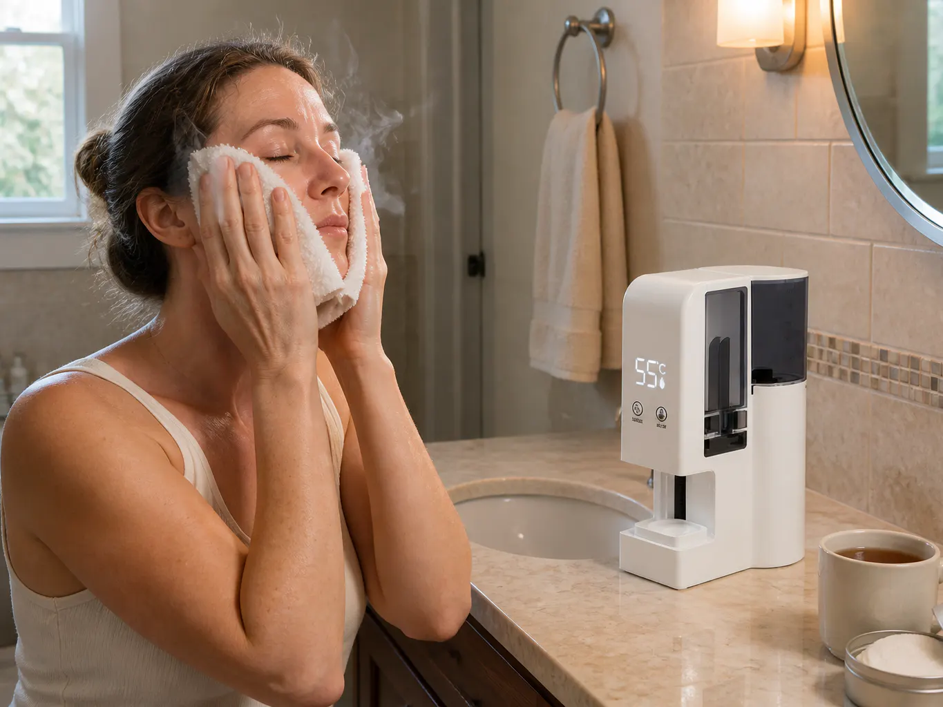 A steaming towel unfolded in two hands
