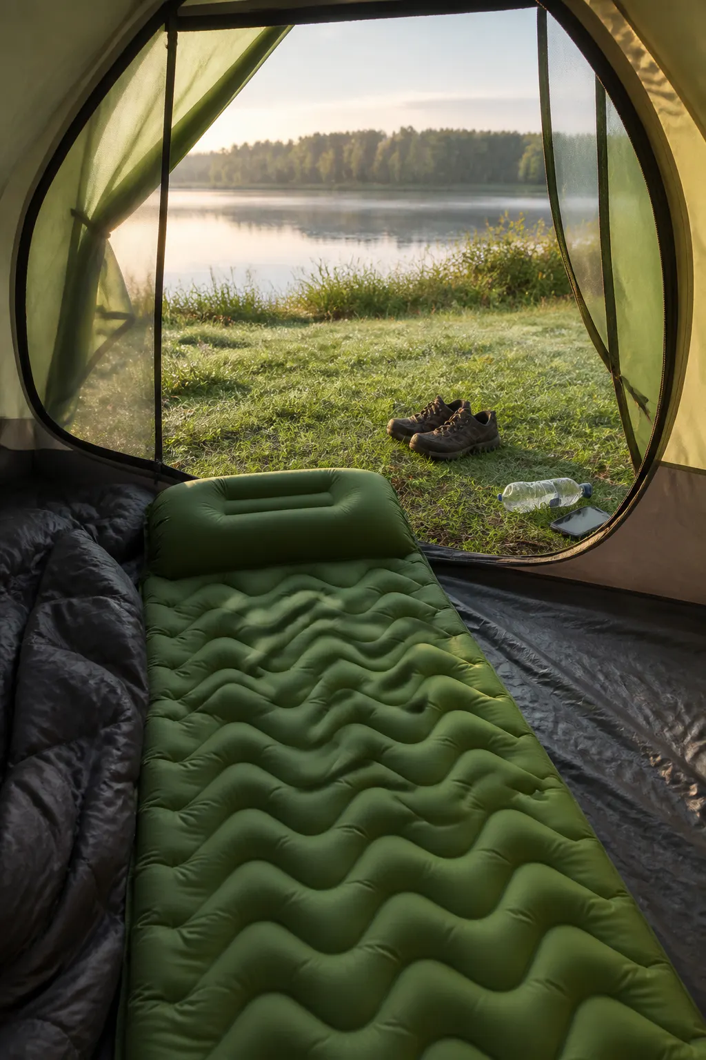 Pad still firm the morning after, packed and ready in a well-used tent