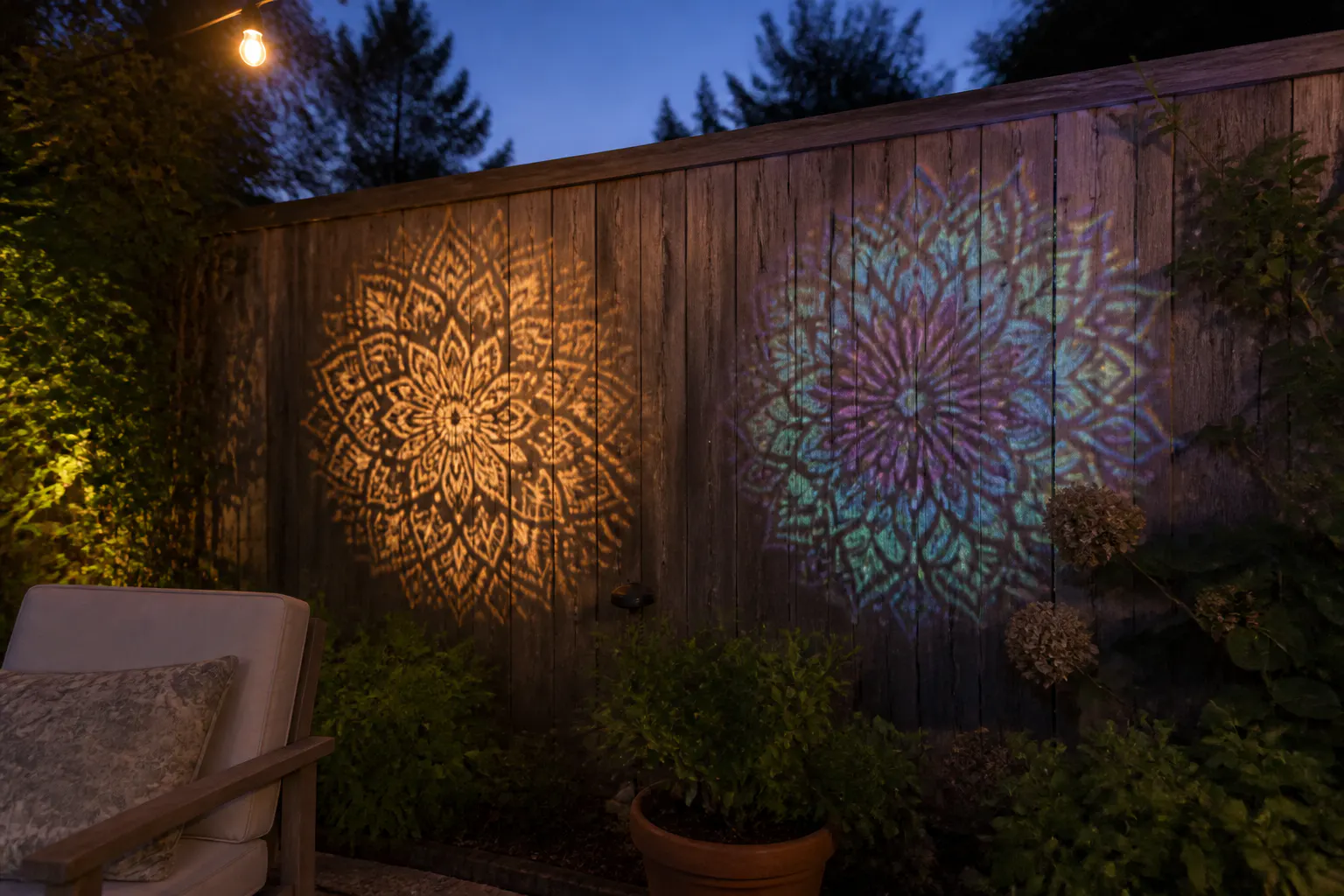 The first evening after dusk - a backyard fence glowing with the mandala pattern