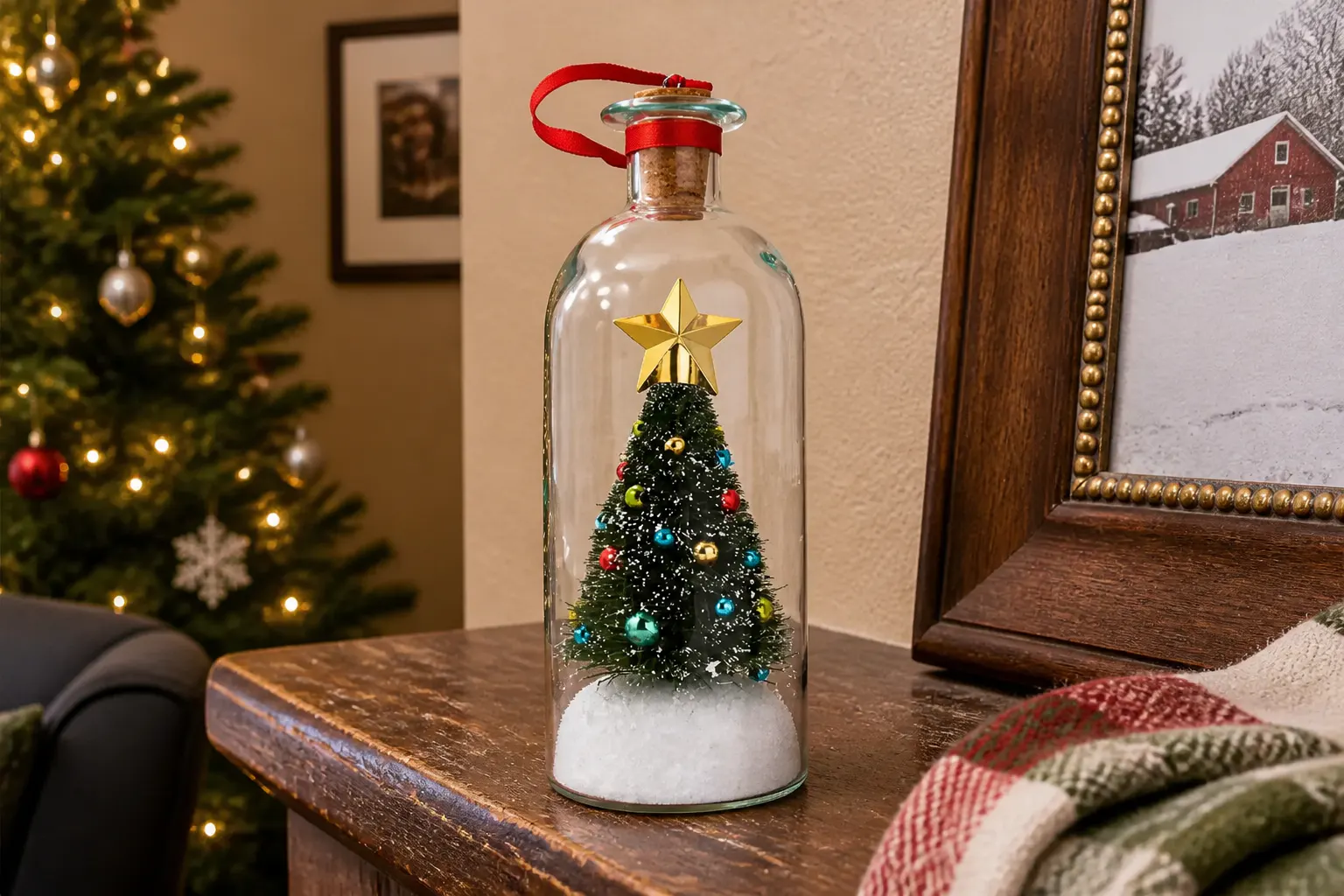 Close-up of the clear glass bottle and detailed gold-star tree