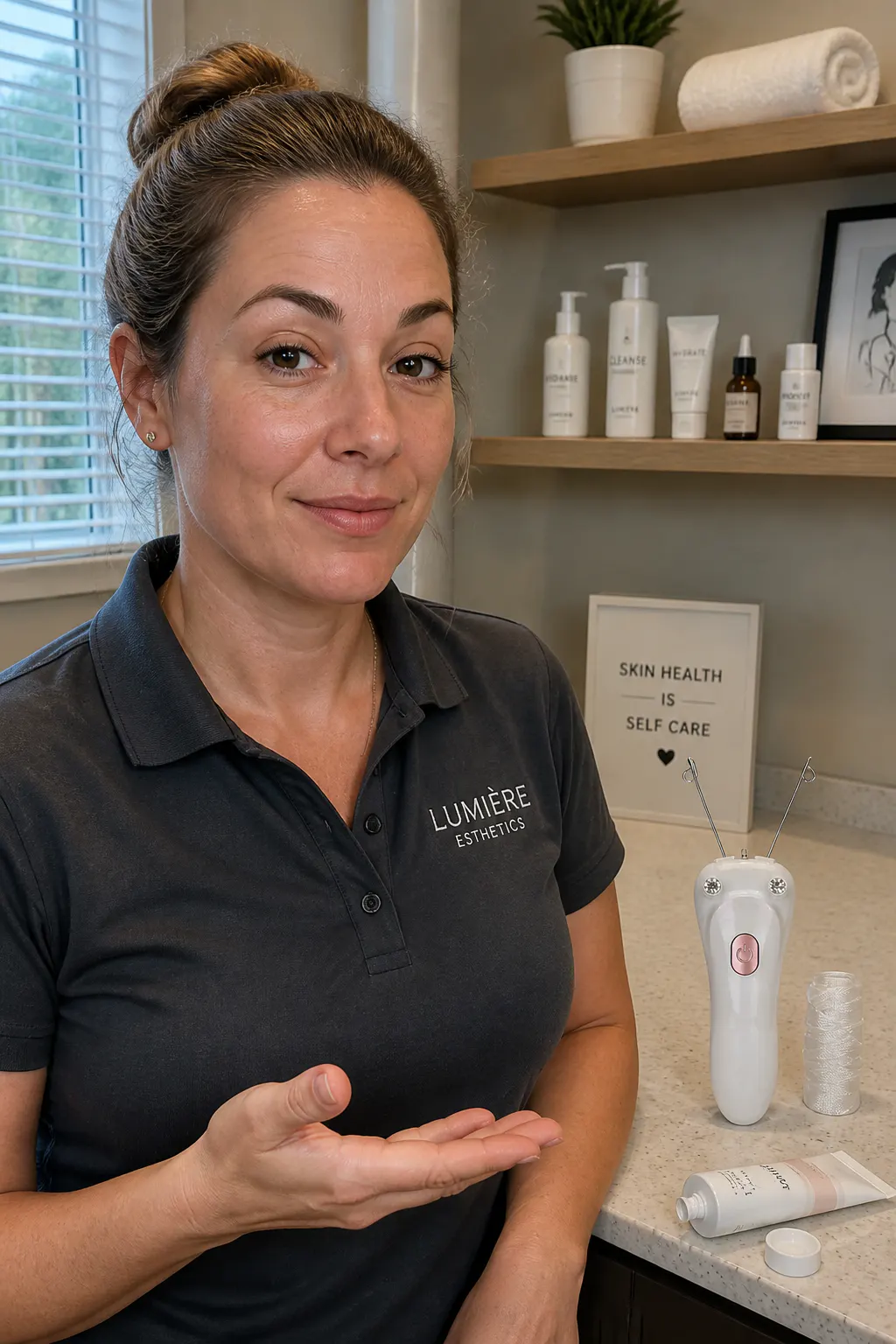 Licensed esthetician presenting the Ventra threading device