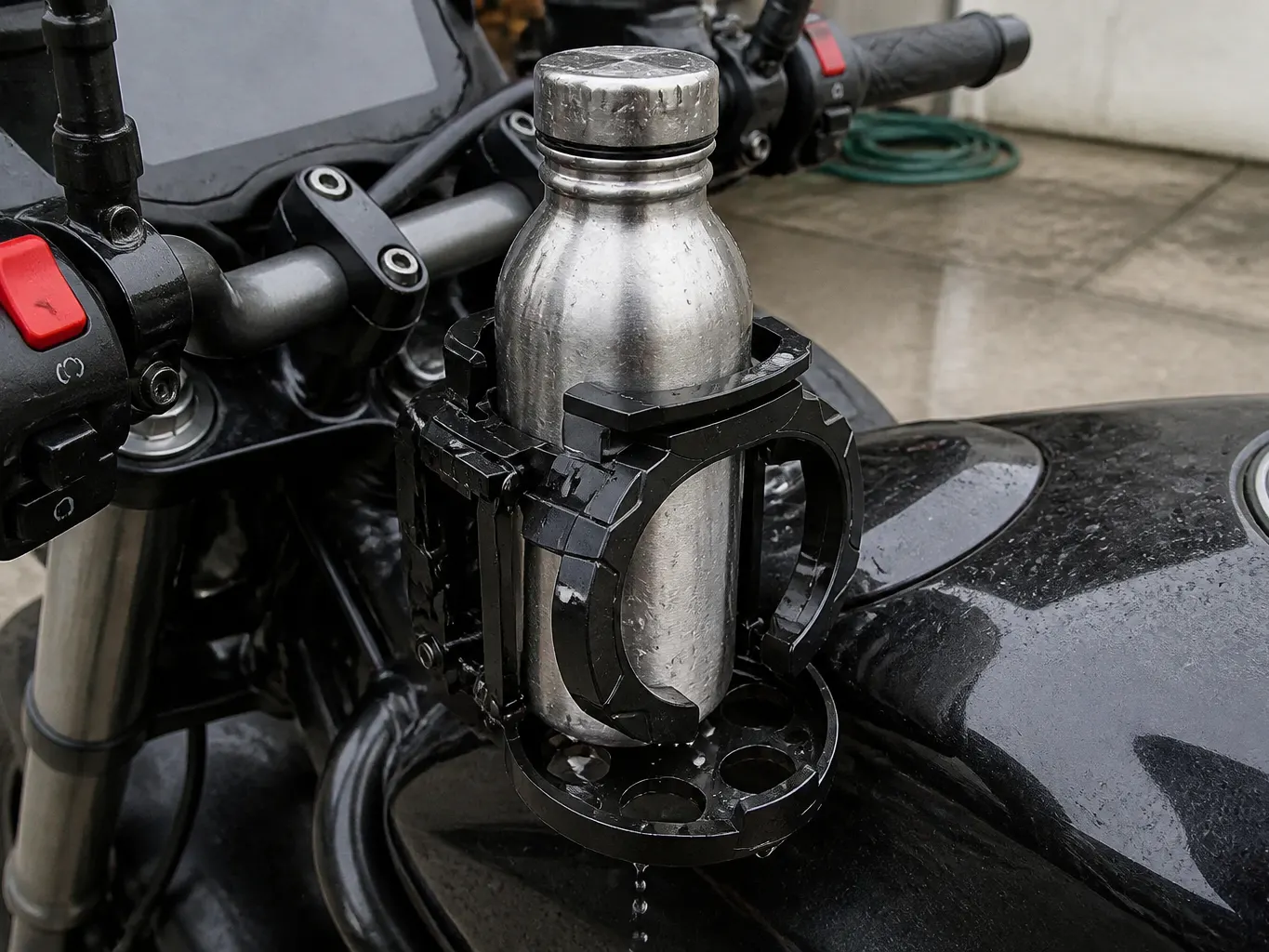 Folding linkage arm holding a full bottle in the perforated cage
