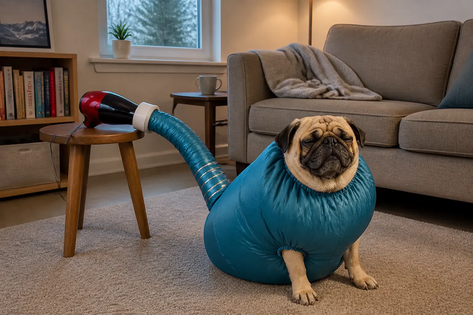 Calm, dry dog with its head poking out of the warm DryPod bag