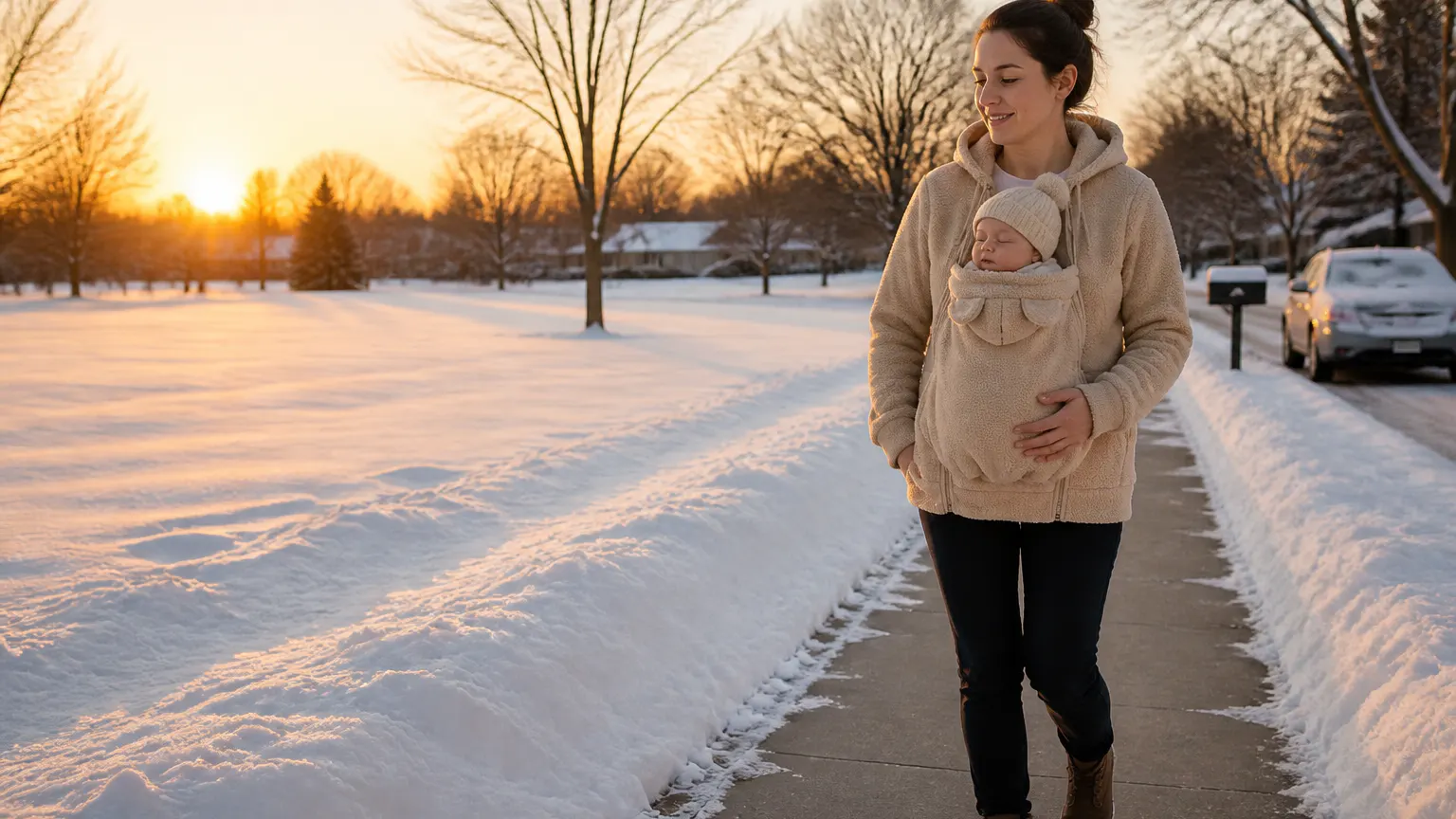 A parent on a golden-hour winter walk with baby zipped warm in the front pouch of the CuddleCarry hoodie