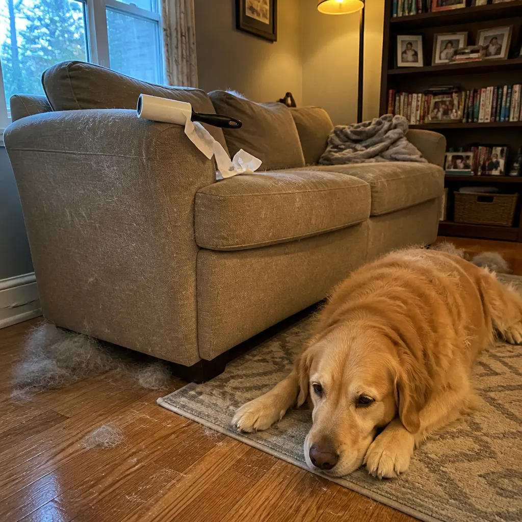 Fur-covered couch and hardwood floor in a lived-in home with a shedding dog