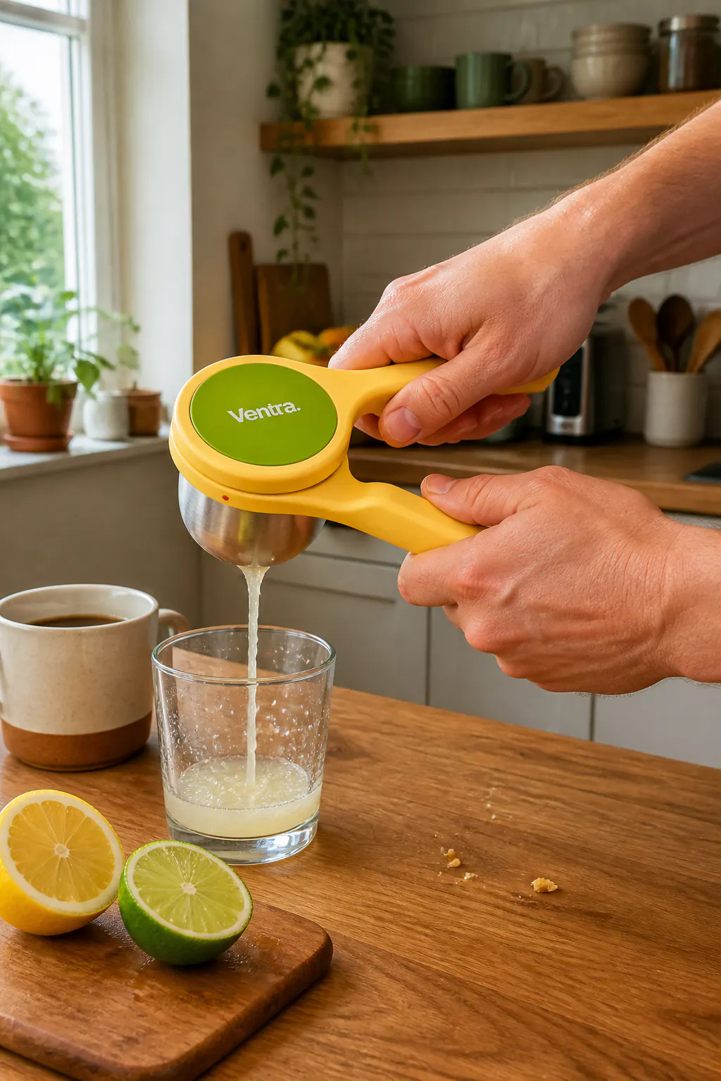 Hands twisting the Ventra citrus press over a glass of fresh juice