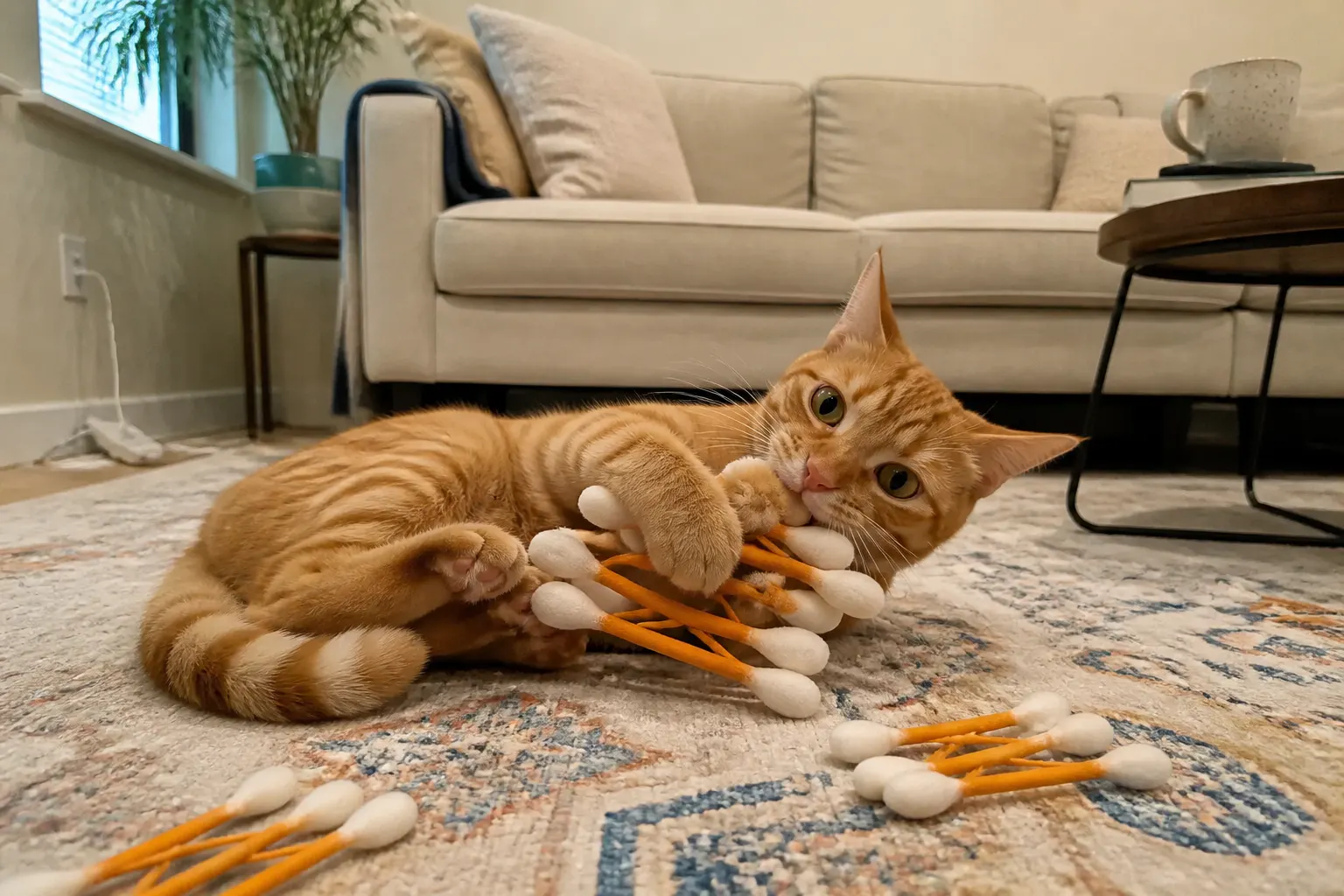 A cat obsessively playing with the catnip swab toy in a cozy home