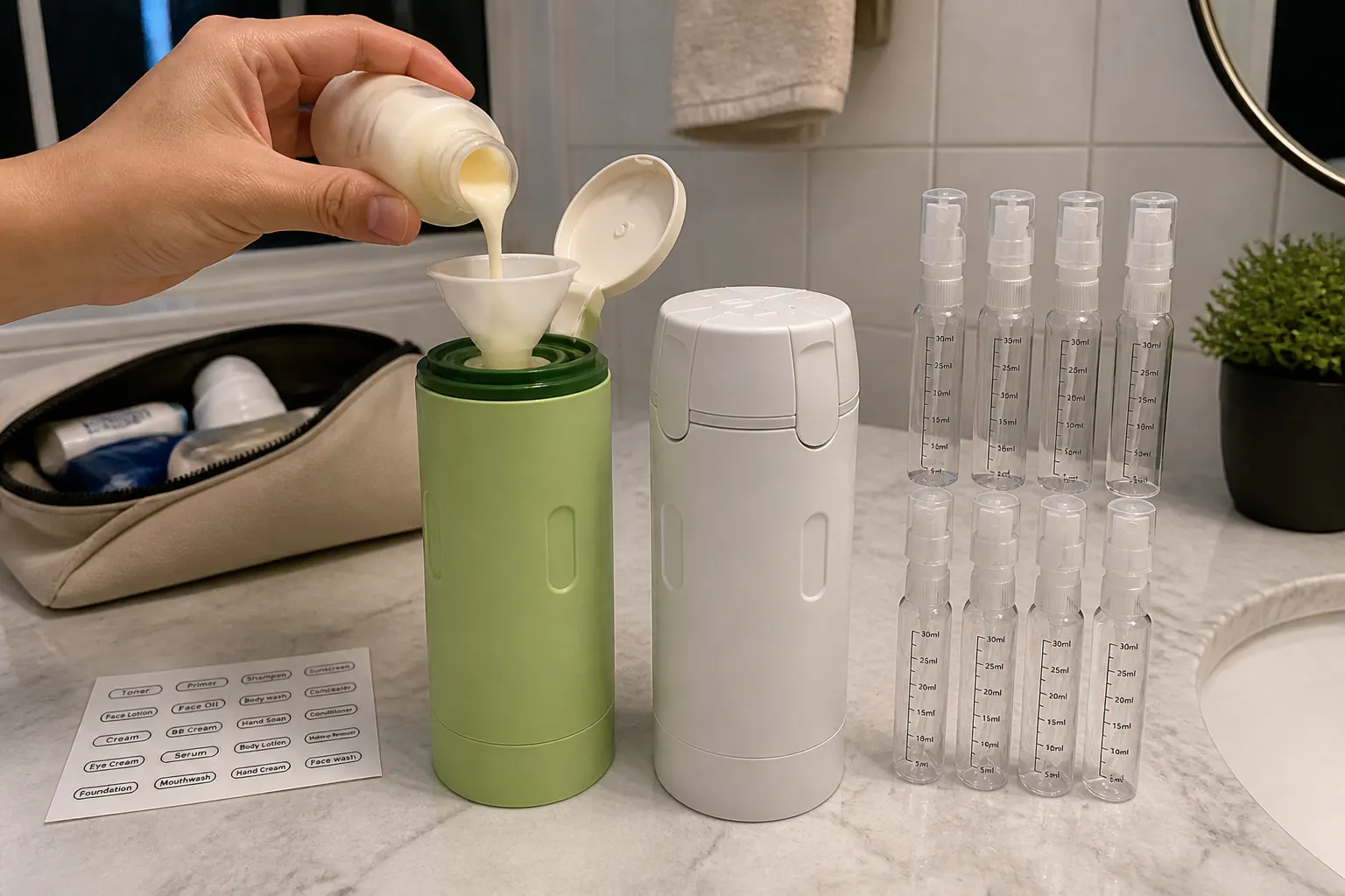 Filling a chamber through the wide opening with the funnel