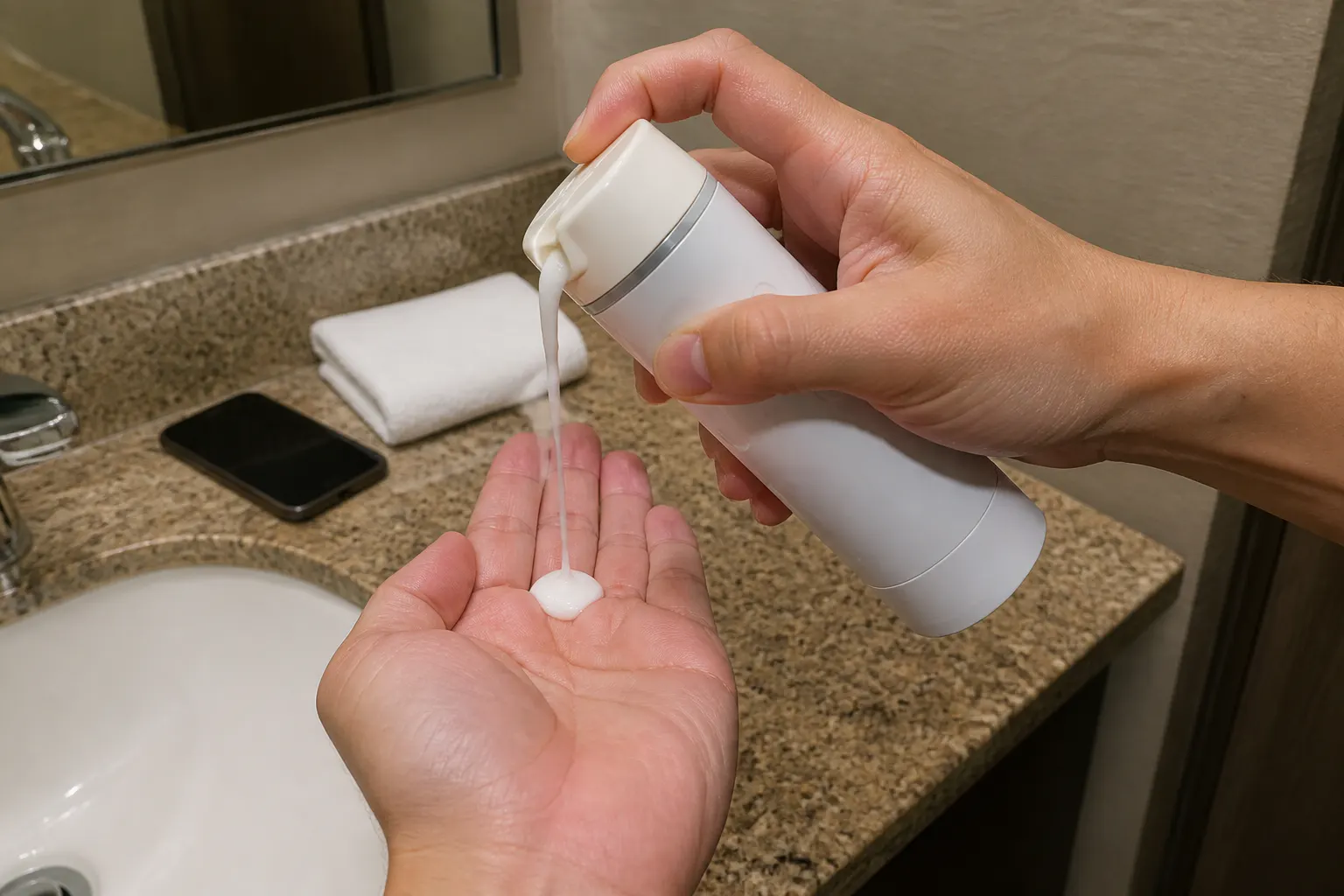 Pressing the flip-top pump to dispense into the palm