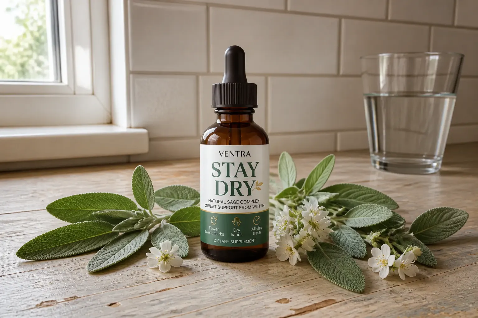 Fresh sage leaves beside the amber dropper bottle on a cream surface