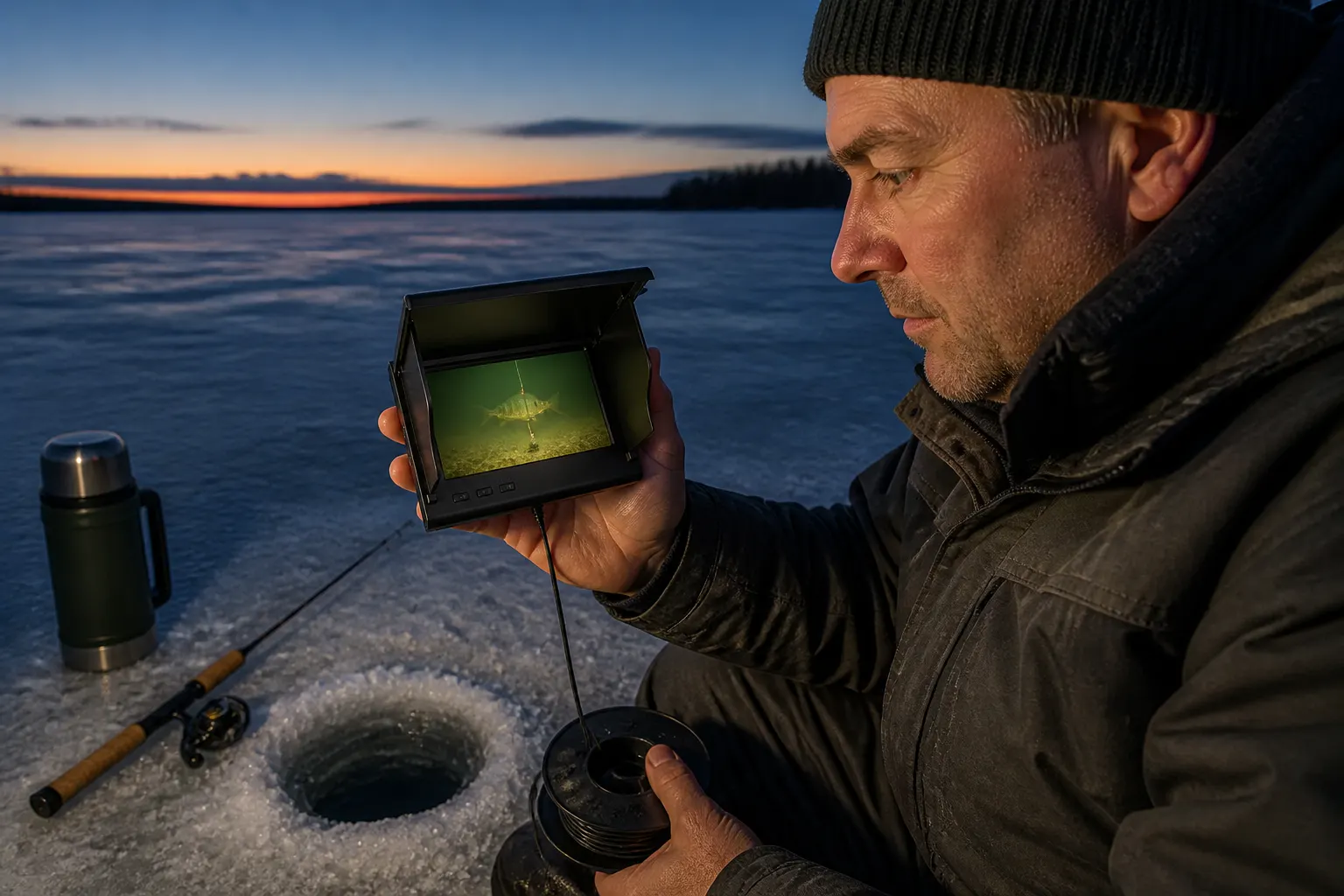 DeepSight underwater fishing camera monitor showing a live feed of a fish near a jig in dark water
