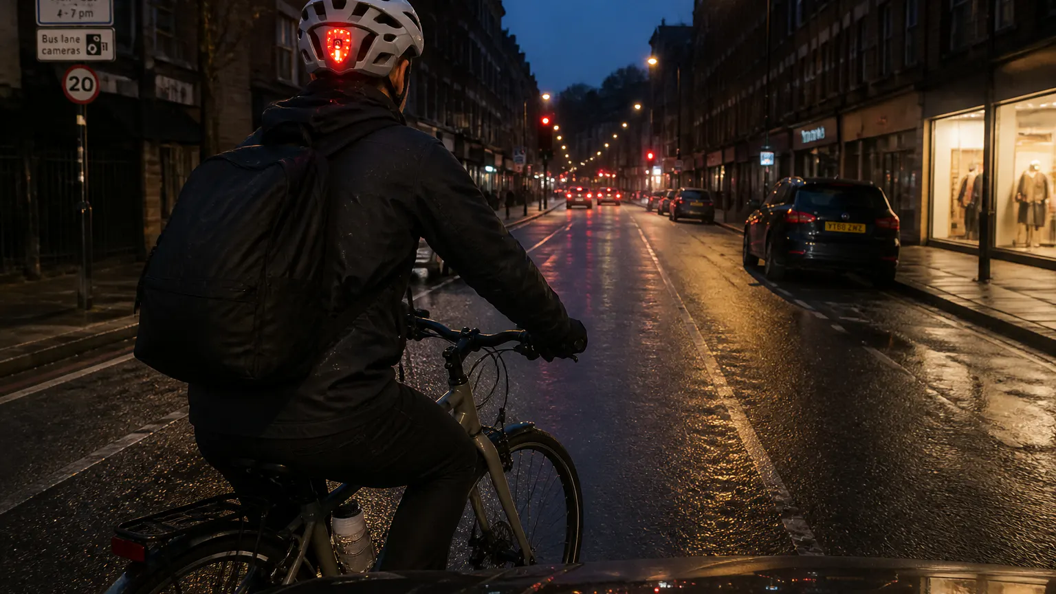 Rider lit at eye level on a dark road, rear taillight visible to a following car