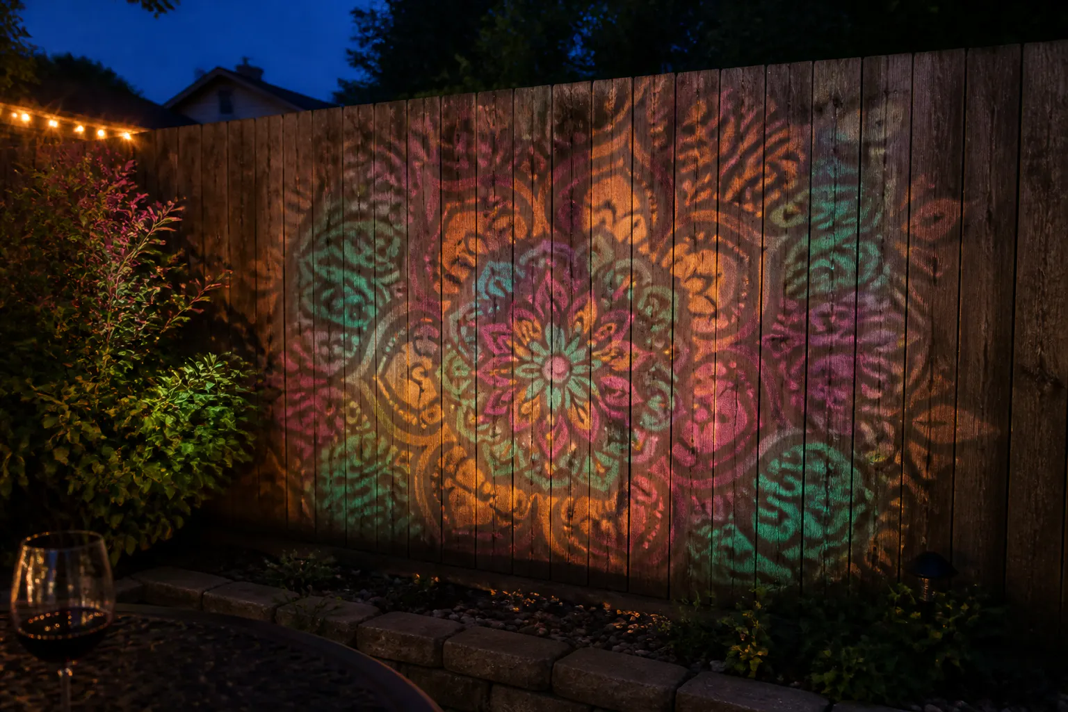 A backyard fence glowing with the warm mandala projection at night