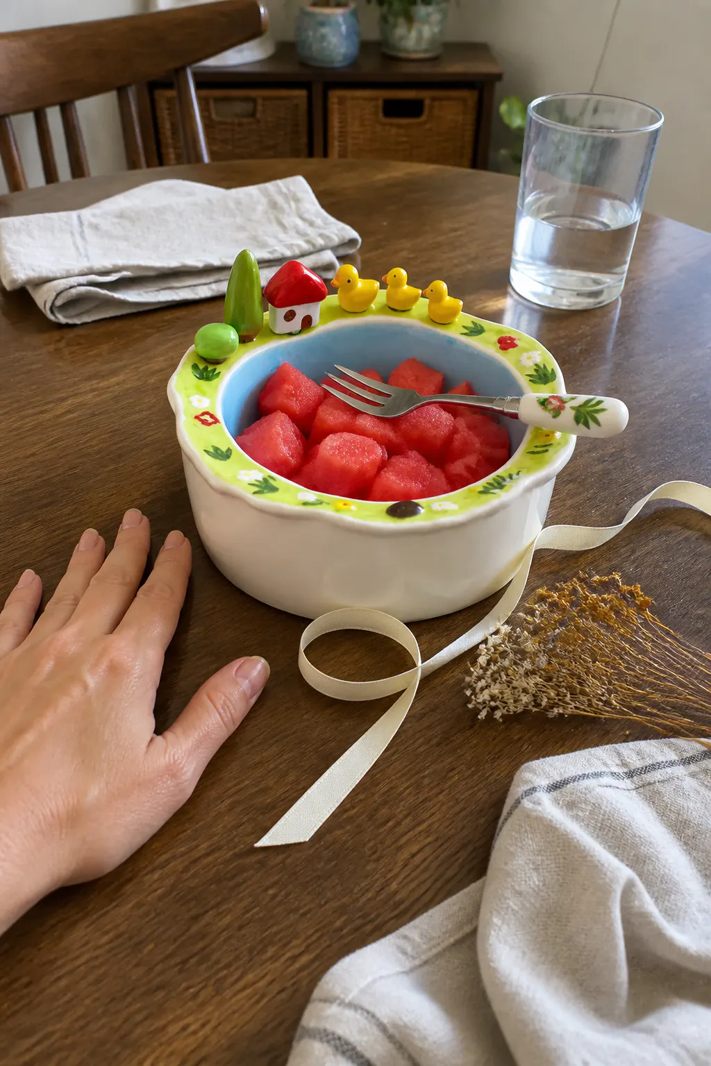 The bowl and duck forks styled as a gift, with protective packaging beside it