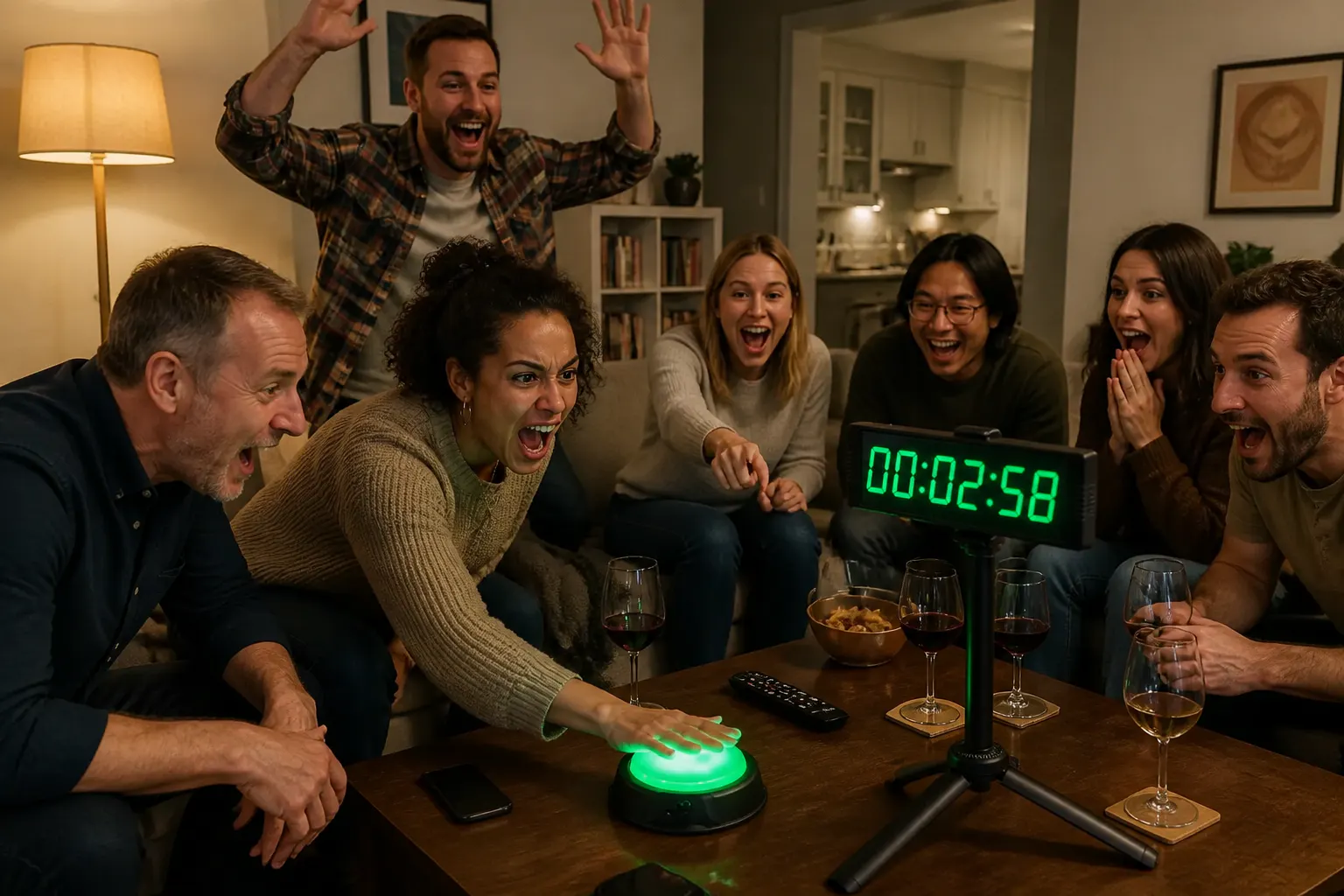 A mixed-age group reacting as the host hands around the button at a home get-together