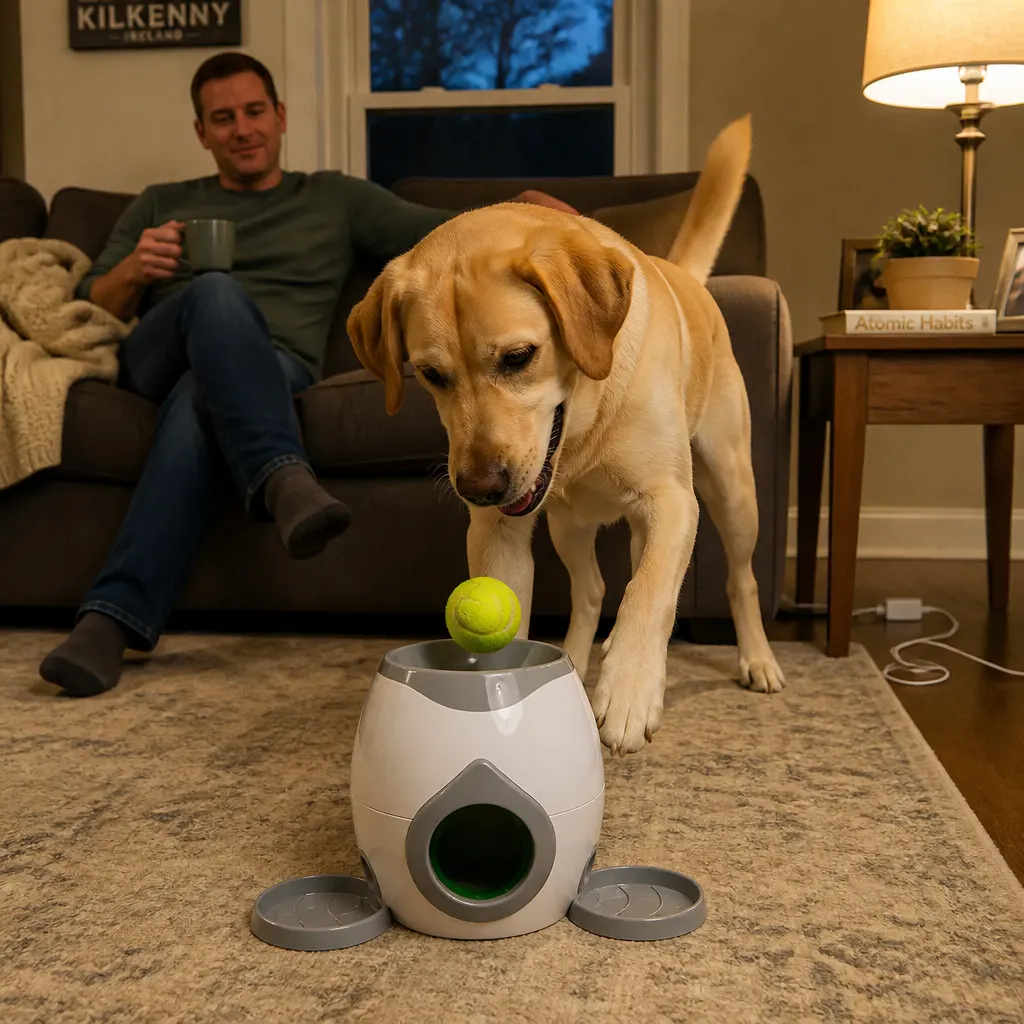 Labrador dropping a tennis ball into the FetchBot funnel