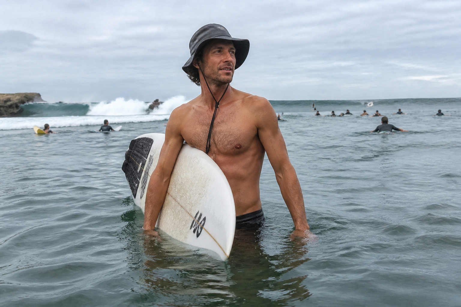 Experienced surfer on the beach wearing the Ventra surf hat