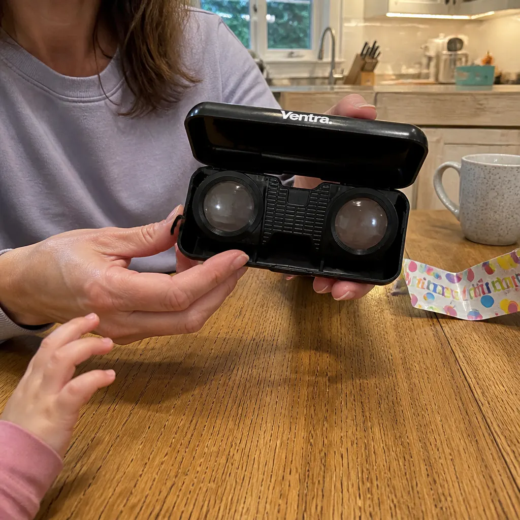 Child opening the vintage camera-shaped binocular case
