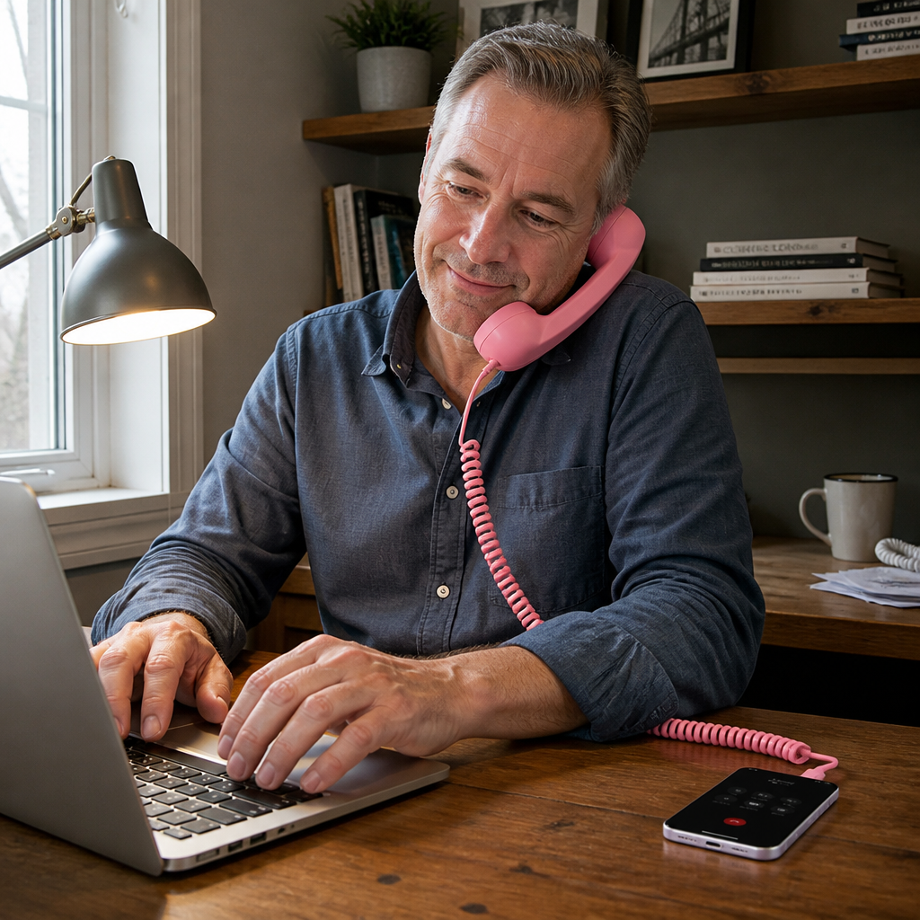 Retro Ventra handset held to the ear beside a modern smartphone