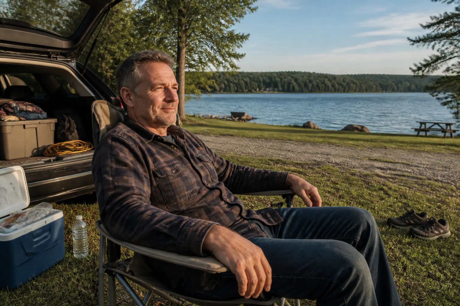 Person relaxing in the Ventra chair outdoors