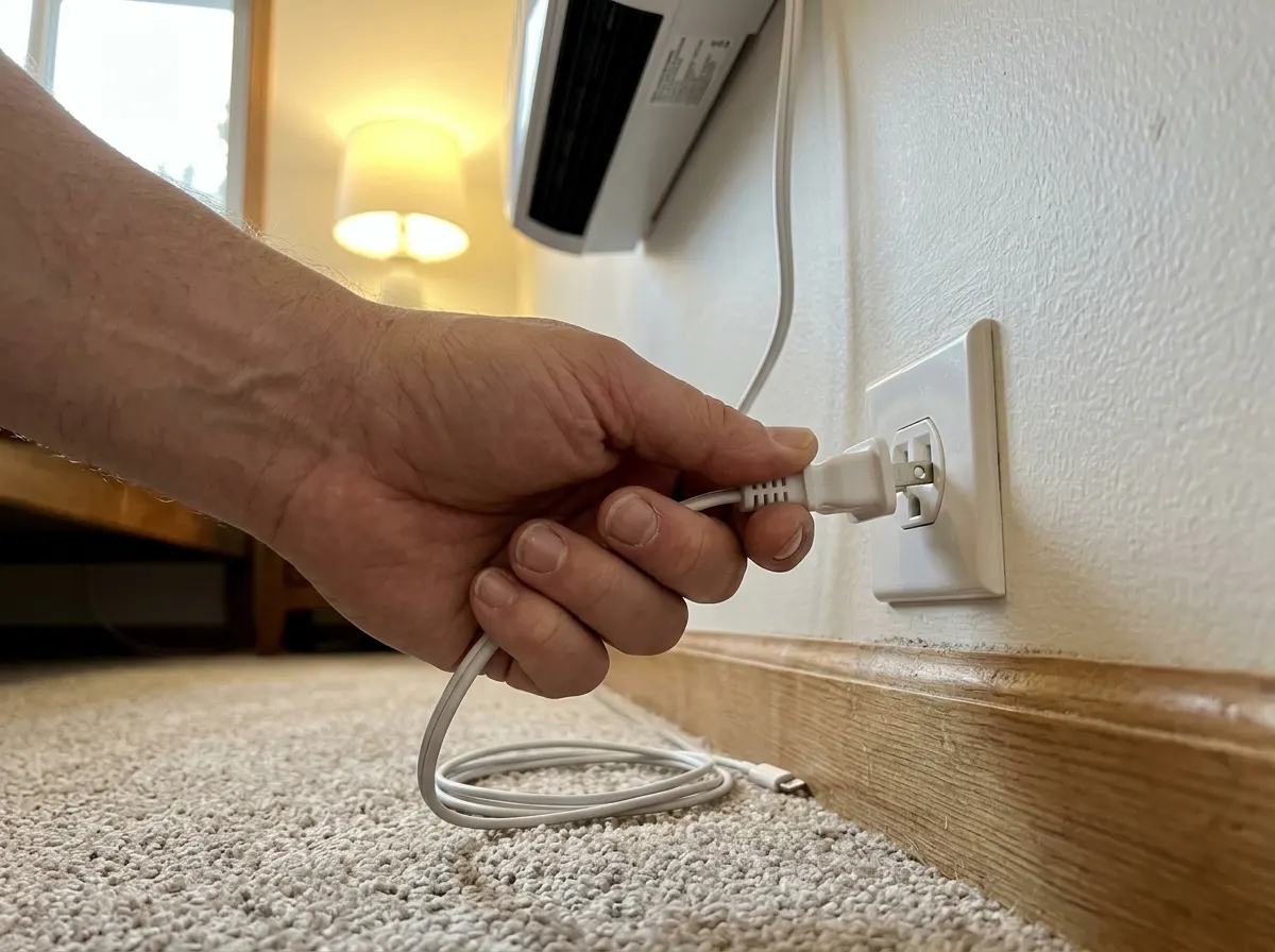 Unit plugged into a standard outlet with touchscreen lit and louver open