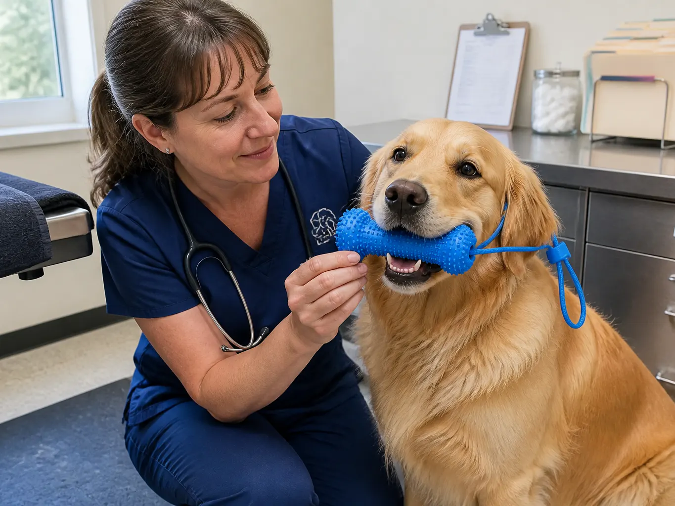 A veterinarian examining a dog's teeth with BrushBuddy