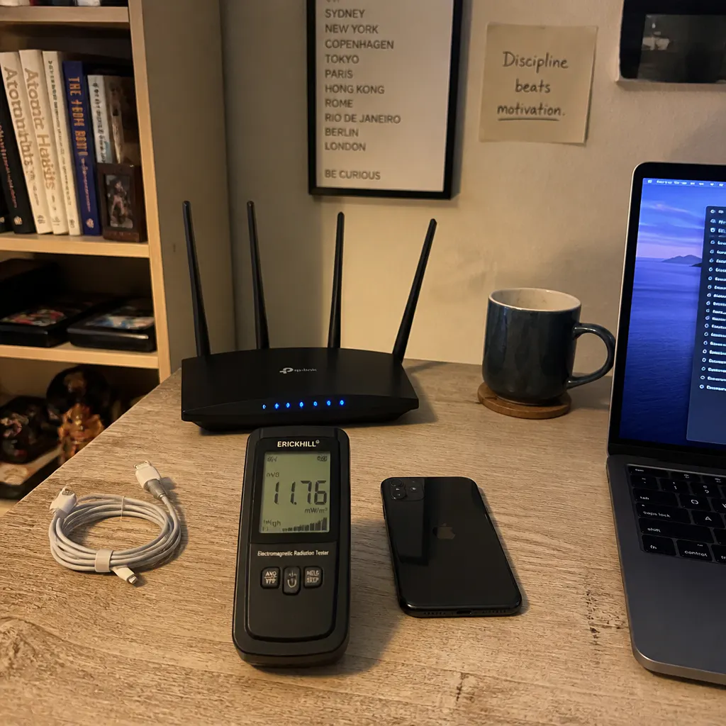 RF meter mid-reading beside the Ventra blanket with a lower number