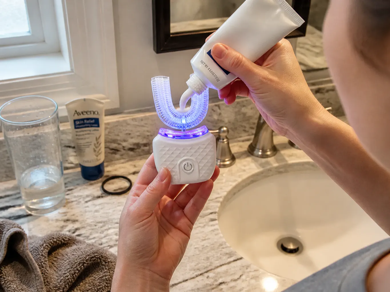 Toothpaste being loaded into the transparent bristle channel