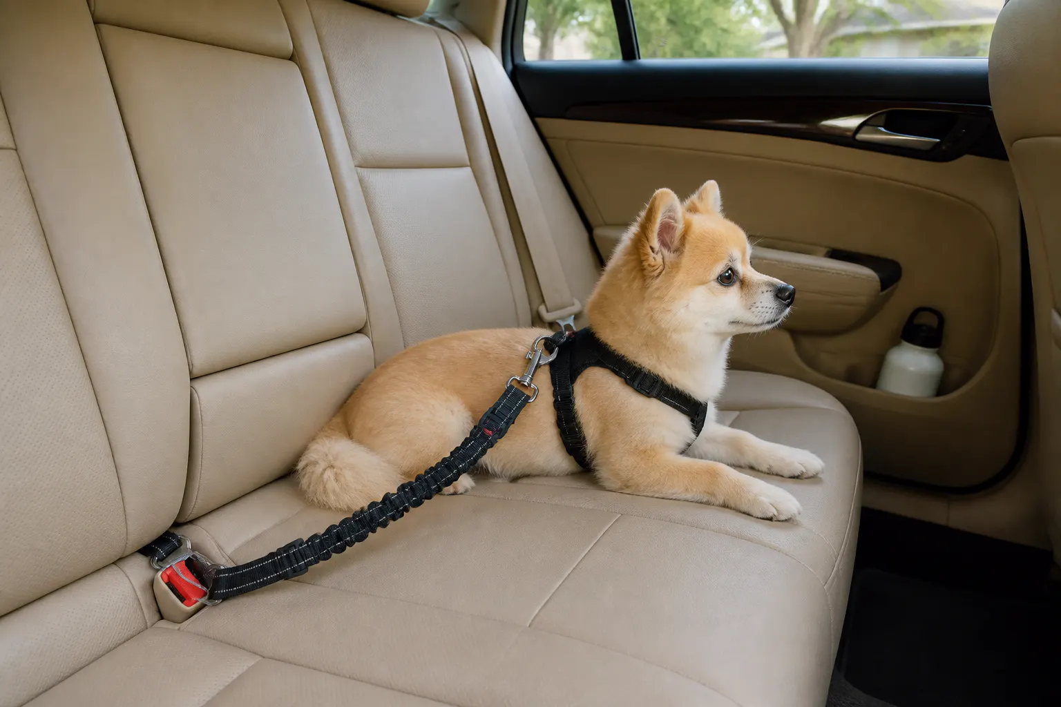 Dog settled at the window during a drive, clipped in
