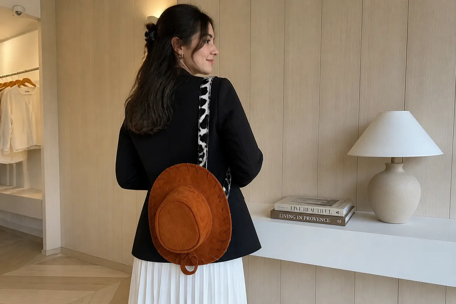 Woman wearing the cowboy-hat backpack crossbody