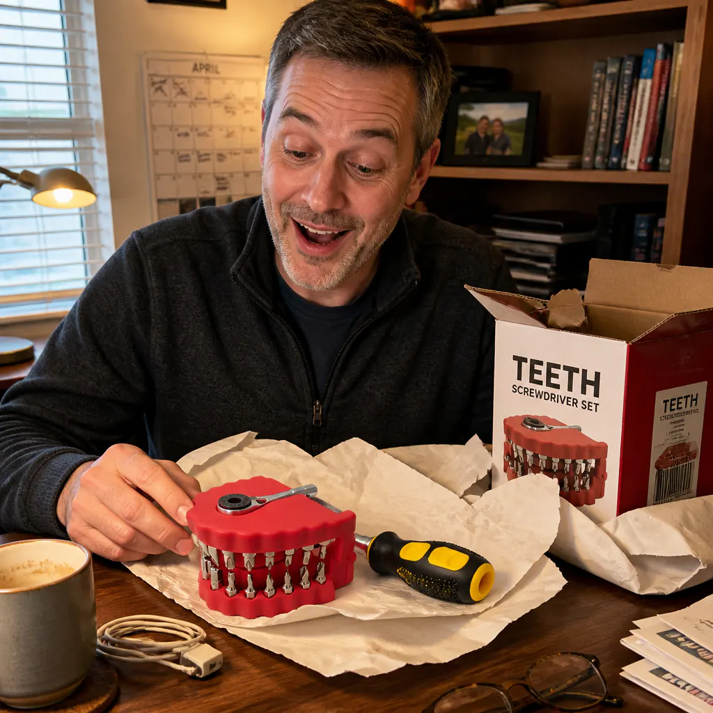 The teeth-shaped case filled with 30 metal screwdriver bits