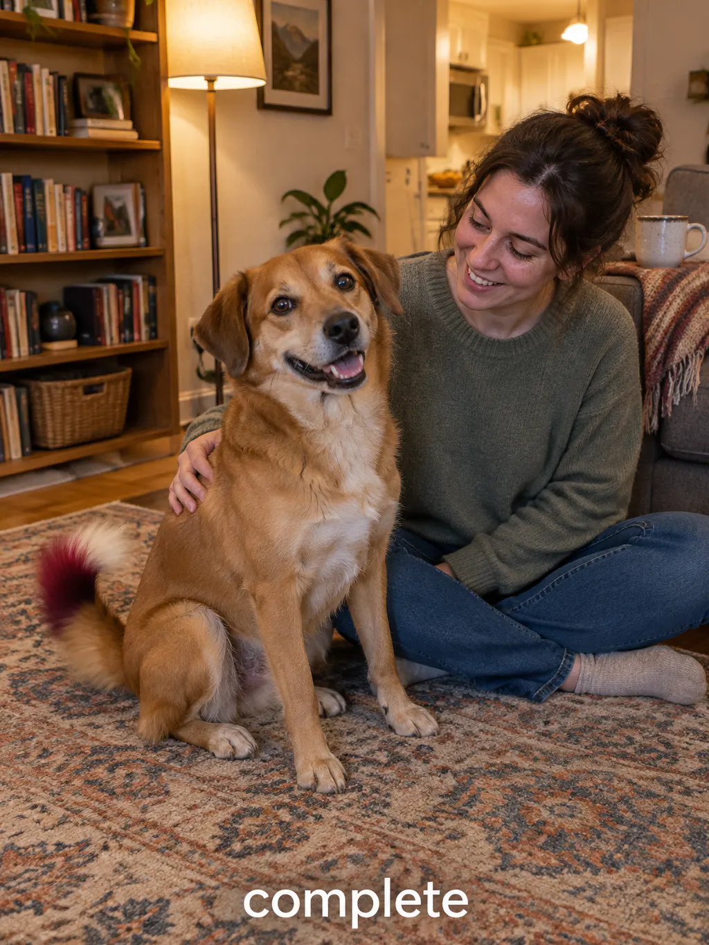 A happy dog showing off its new colorful look beside its smiling owner