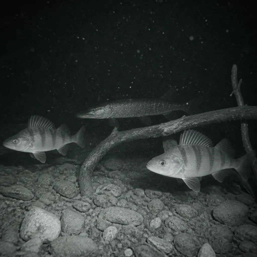 Infrared-lit camera in clear water with a fish swimming nearby, undisturbed