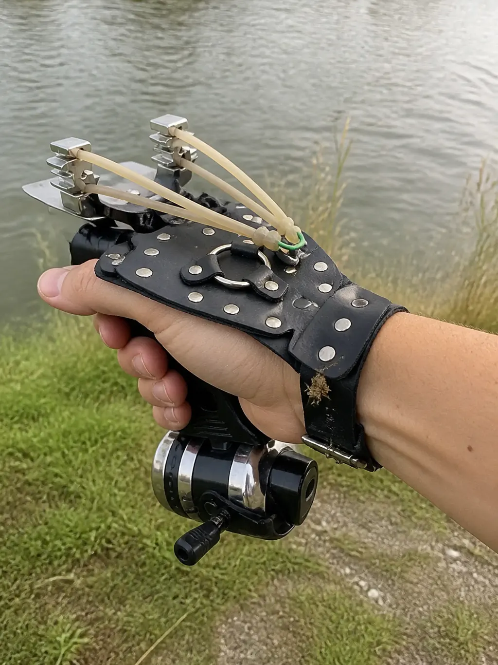 Riveted leather studded brace worn on a forearm with the frame gripped