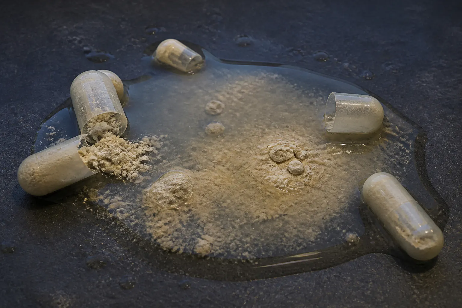 A cheap NMN capsule breaking down slowly and clumping compared to a clear dissolved powder